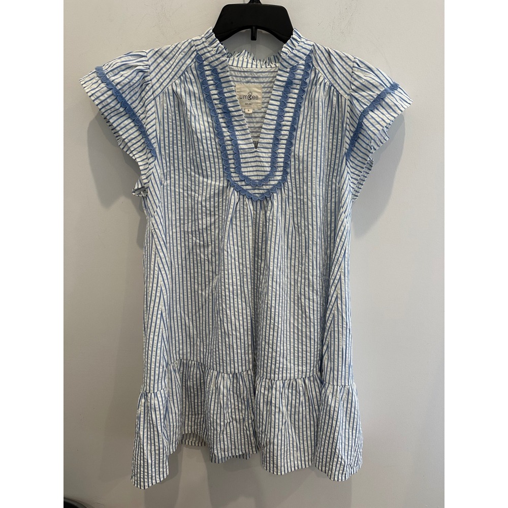 Umgee Womens Blue White Striped Seersucker Ruffle Tunic Top Lace Trim Small